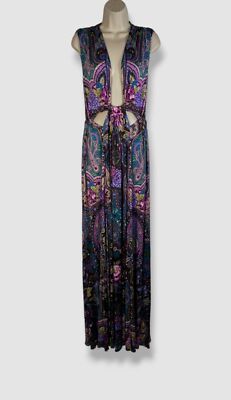 $3190 Etro Women's Black Plunging Cutout Paisley-Print Jersey Gown Dress Size 44