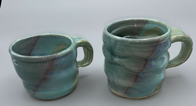 Studio Art Pottery Mugs Green Aqua Wave Pattern Glossed Set of 2 Different Size