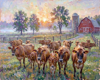Farm House Art Jersey Cows ''Golden Hour''  oil art print  Free Shipping  0674
