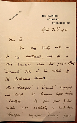 #ad Admiral William Emslie 1863 1947 Signed Letter RE: Battle of Falkland Islands* $295.00