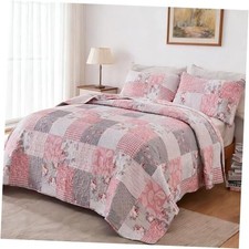 Pink Full Queen Size Quilt Set Floral Full/Queen Size 87"x95" Pink  Grey