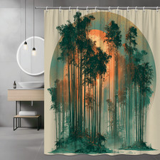 Forest Sunrise Shower Curtain, Bamboo Landscape Print, Abstract Nature Decor