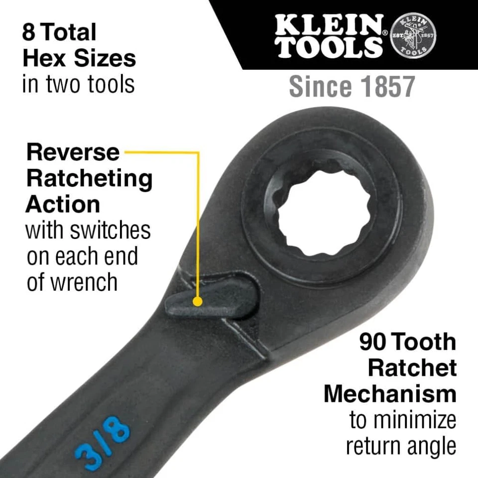 Klein Tools 68216 4-In-1 Reversible Ratcheting Box Wrench Set, Quad Wrench, SAE, - Image 2 of 4