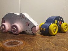 Wood Toy Cars Hand Carved and Painted Bunny Blue