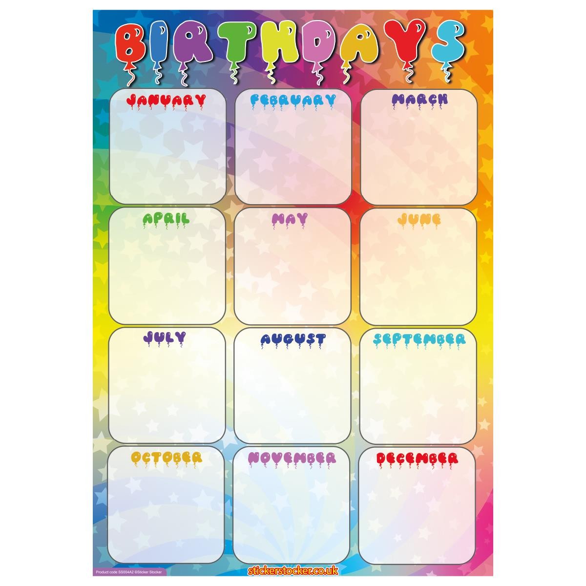 A2 Birthday Chart Durable Incentive Star Reward Classroom Wall Chart
