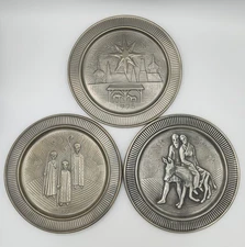 3 pc Vtg Selandia Norway Pewter 8" Decor Plates Nativity Scenes Star Wise Men
