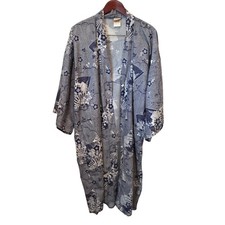 Vintage Japanese Cotton Kimono Robe Indigo Blue Floral Fan Print Made in Japan