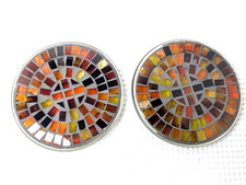 MCM Stained Glass Mosaic Trivet Hot Plate Metal Rim Footed Round Amber Yellow