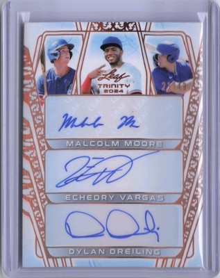 2024 Leaf Trinity #TA-14 Moore/Vargas/Dreiling Triple Auto Bronze /49