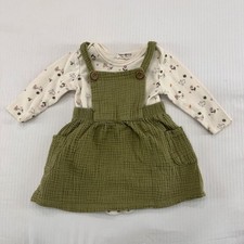 Rabbit Bear Organic Jumper Dress Set 12M Green Bird Print | Cottagecore Boho