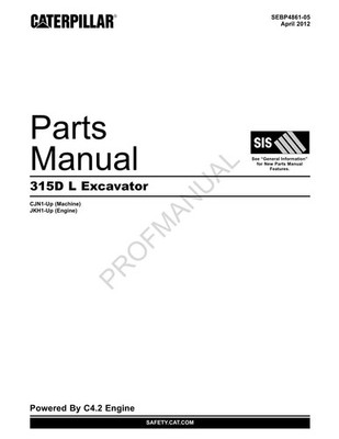 Caterpillar Cat 315D L Excavator Parts Catalog Manual ser CJN1-Up JKH1-Up