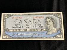 Canada 1954 $5 Five Dollar Devils Face Banknote Beattie.  S3