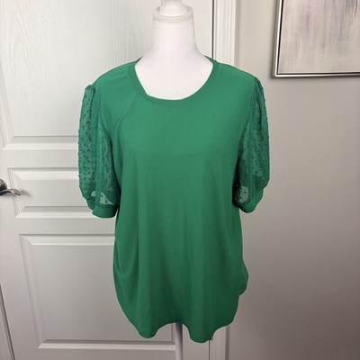 CeCe Womens Kelly Green Crewneck Pullover Top Blouse sheer puff sleeves XL