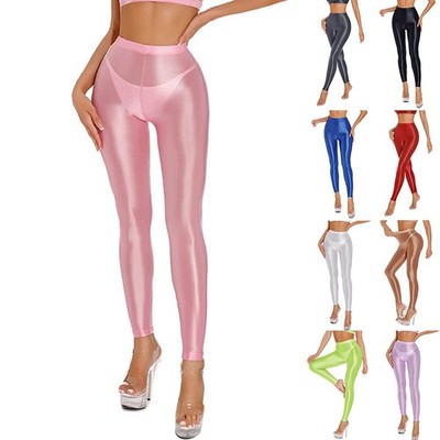 Damen Leggings Wetlook mit elastischem Stoff Satin glänzend (schwarz/rot)