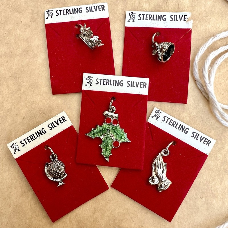 5 Vintage Sterling Silver Charm Lot Enamel Christmas Holly Berry Queen Bee Hand