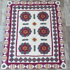 Vtg 90s Production Quilt Patchwork Floral Medallion Double Full Bedding 82"x64"
