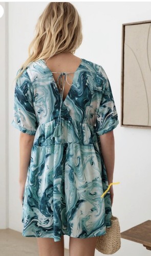 Boho Print Deep V-Neck Back Tie Mini Dress Size M - Picture 3 of 8