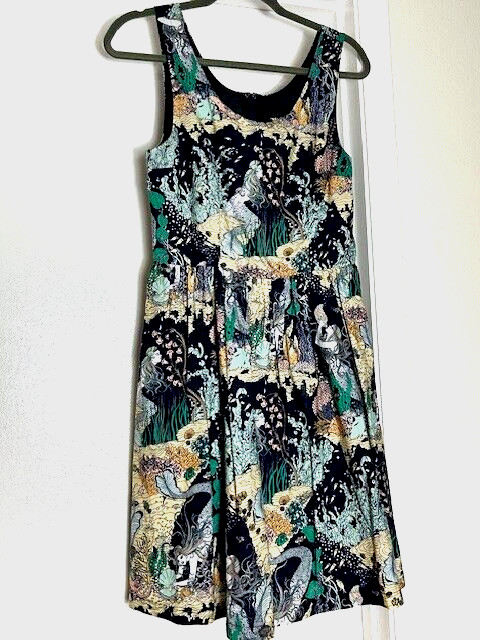 ModCloth Retro DuPenny Mermaid Pattern Fit and Flare Dress Blue Women's Medium