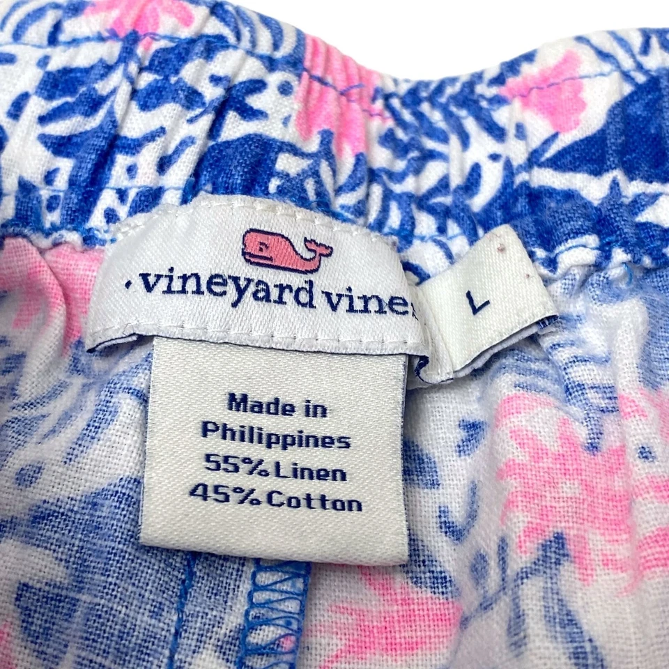 VINEYARD VINES Girls Shorts Large Linen Blend Whale Logo Pink Blue Print - Image 4 of 4