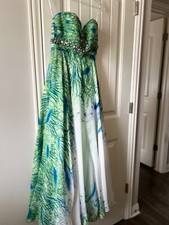 Tony Bowls Limited White Green Blue Chiffon Gems Formal Gown
