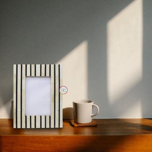 Bone Inlay Photo Frame | Black And Ivory Pinstriped Bone Photo Frame - Picture 2 of 10