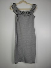 Zara Womens Black White Striped Dress Sz Large Stretch Knit 1990 Pencil Slim