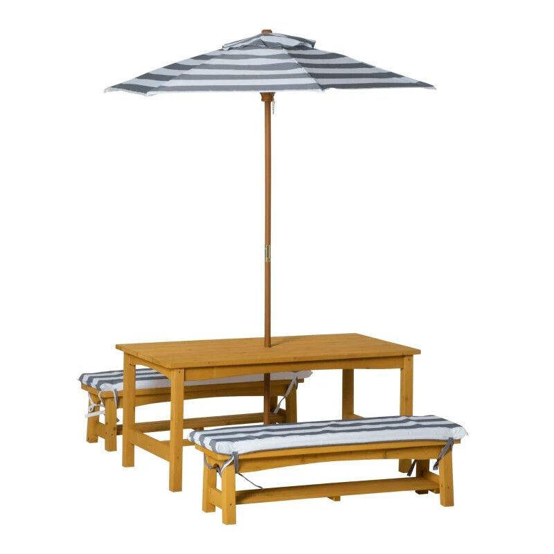 Salon de jardin enfant premium en pin massif avec parasol et coussins doux
