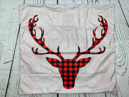 Animal Deer Red and Black Chess Plaid Scottish Buffalo Cotton Linen Square Throw - Picture 1 of 2