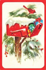 Postcard Ephemera XMAS Christmas Mailbox Snow Red Cardinal Presents Gifts Holly