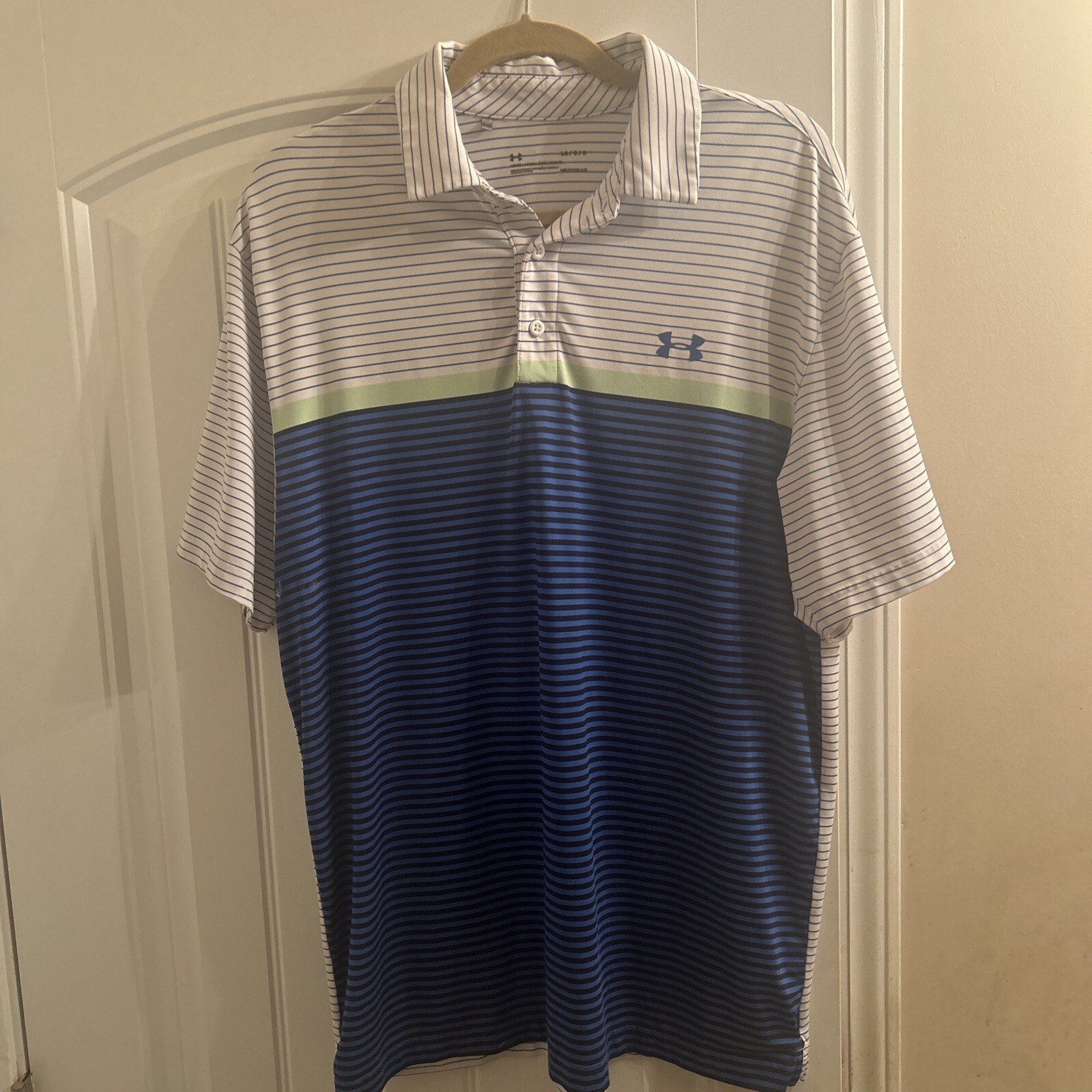 Men's Under Armour Heat Gear Short Sleeved Striped Stretch Polo Golf Shirt LARGE