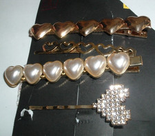 4 PEARL RHINESTONE GOLDEN HEARTS BOBBY PINS HAIR CLIPS NEW W TAG