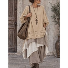 Skills & Genes Eyelet Embroidered Tunic Dress Women's 10 Tan Boho