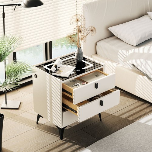 LED Bedside Table 3 Drawers Wireless Charging Side Cabinet White Nightstand Hfnp - Picture 20 of 20