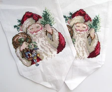 VTG Christmas Santa Claus Hand Made Cross Stitch Cotton Table Runner 67"