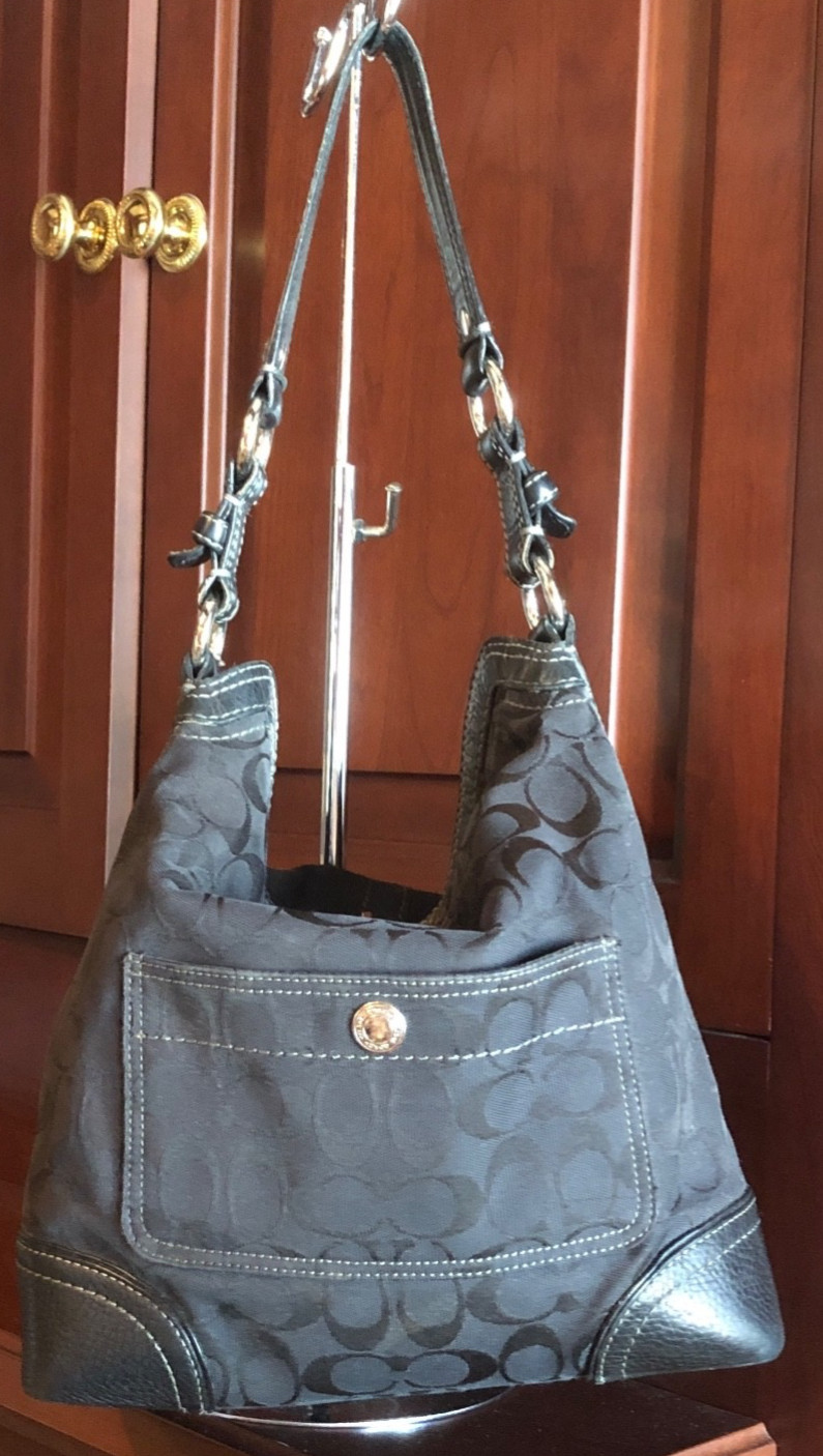 バッグ COACH Signature Hobo Shoulder Bag 43740 Coach Chelsea Signature Hobo Bag Black Jacquard Leath… - Gem