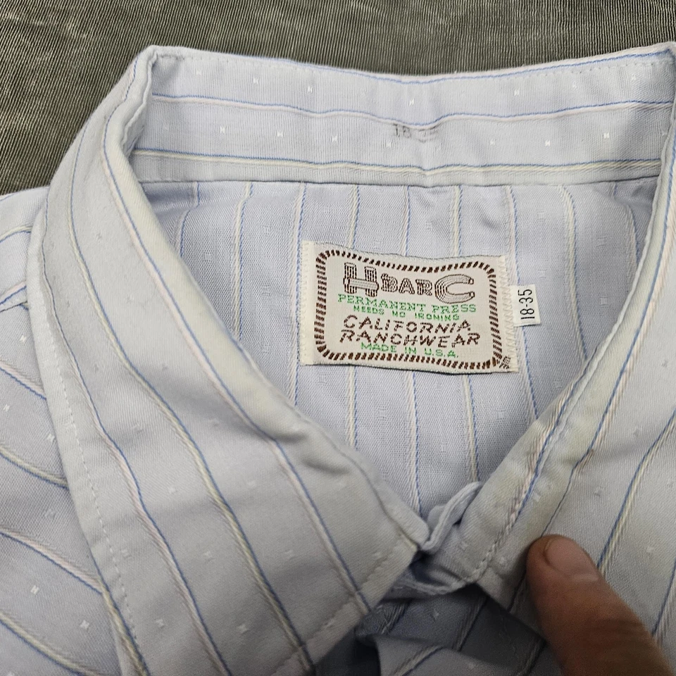 Camisa de Colección H Bar C Ranchwear Para Hombres 18 35 Azul Perla Occidental A Rayas a Presión Foto 3 de 4