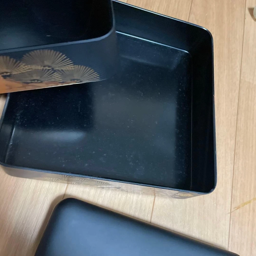 Jubako Bento Box Japanese Matte processing lacquer box two tiers black gold pine