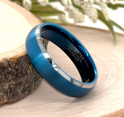 Matt Finish & Beveled Edge Ring Blue & Silver Tungsten 6MM Christmas Gifts Ring