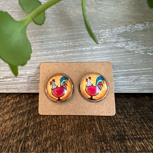 Colorful Rooster Glass Dome Stud Earrings - Foto 1 di 3