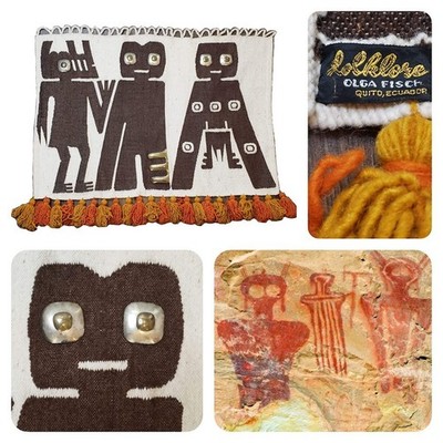 VTG Folklore Olga Fisch Tapestry Ecuador Ancient Aliens Petroglyphs Wool & Metal