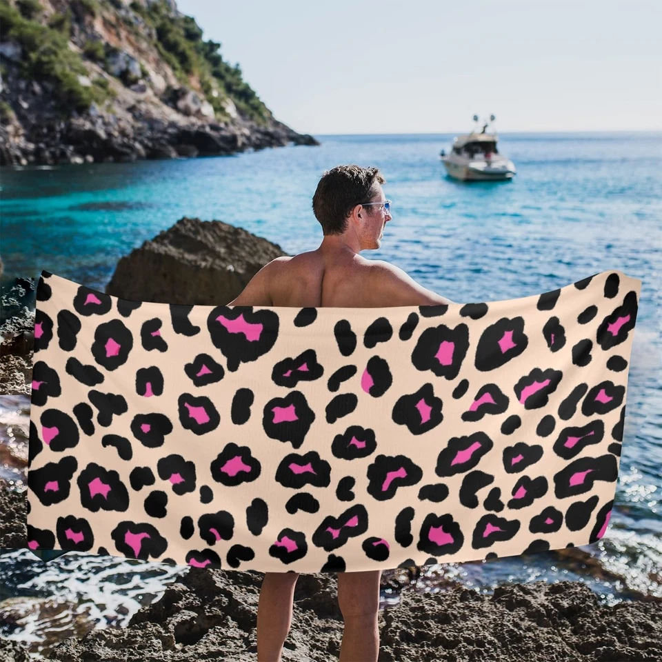 Toalla de playa de microfibra de gran tamaño Bovnobca, 31 x 71 pulgadas, color animal rosa leopardo... Foto 4 de 4