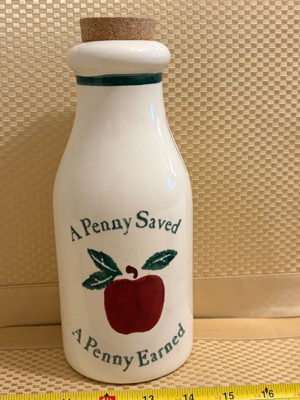 VTG Apple Ivy Home Decor A Penny Saved A Penny Earned Coin Bank Piggy Bottle