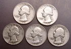 Lot of (5) Pre 1964 Washington Quarters  90% Silver 43S - 50S - 51S - 52S -62D