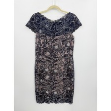Tadashi Shoji Rose motif Floral Lace Sheath Dress sz 12 Navy Nude Cap Sleeve
