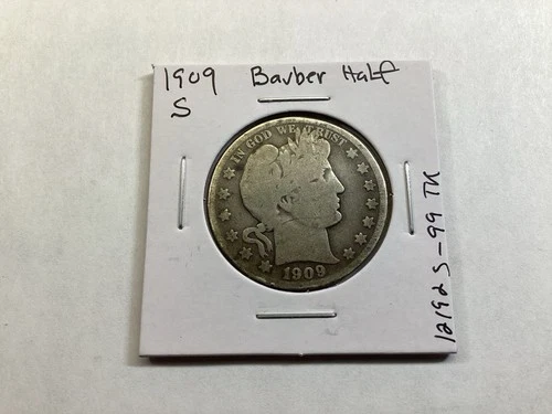 1909 S Barber 90% Silver Half-Dollar in Fine Condition 121925 99tk