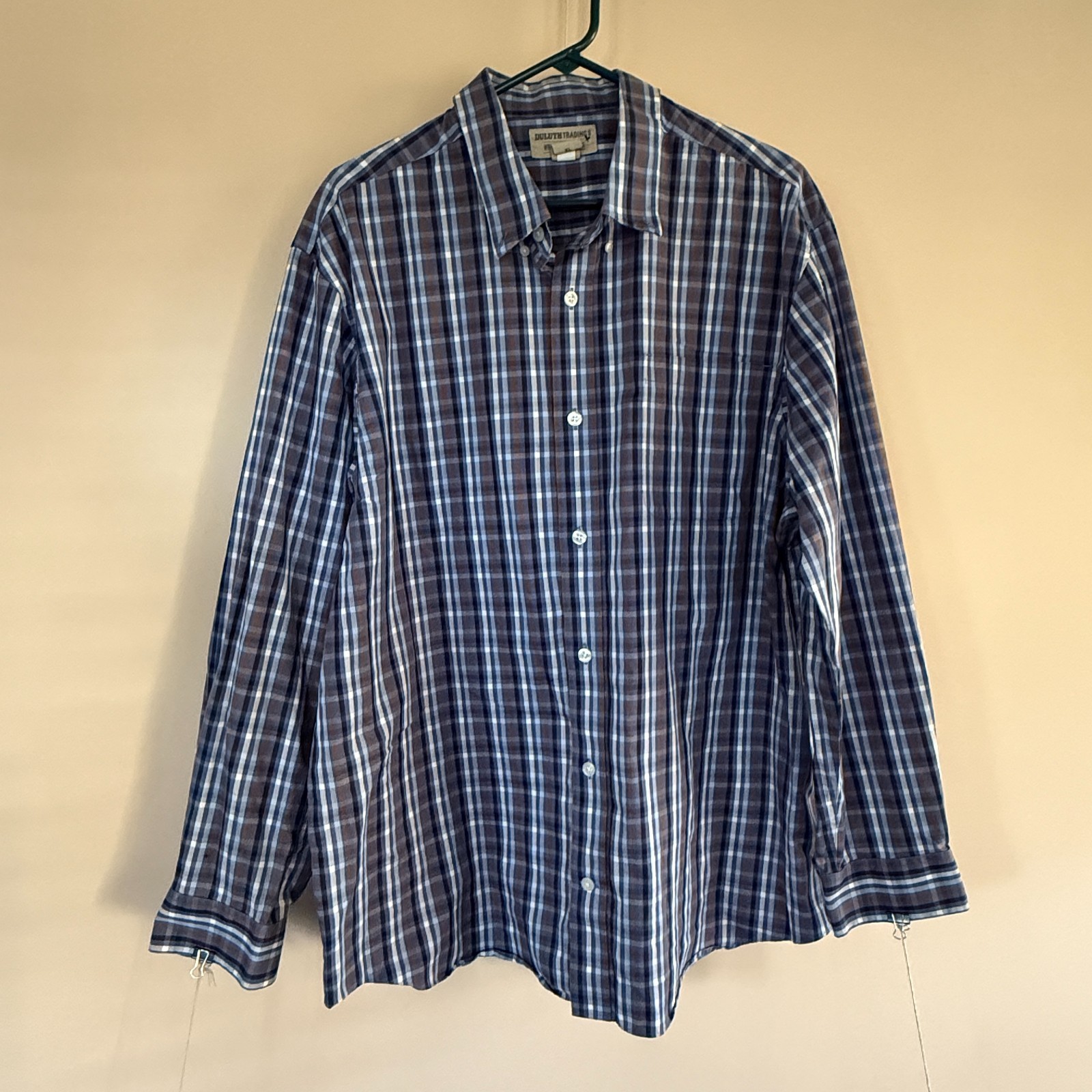 Duluth Trading Company Blue Plaid Button Down Work Shirt Men's Size XL