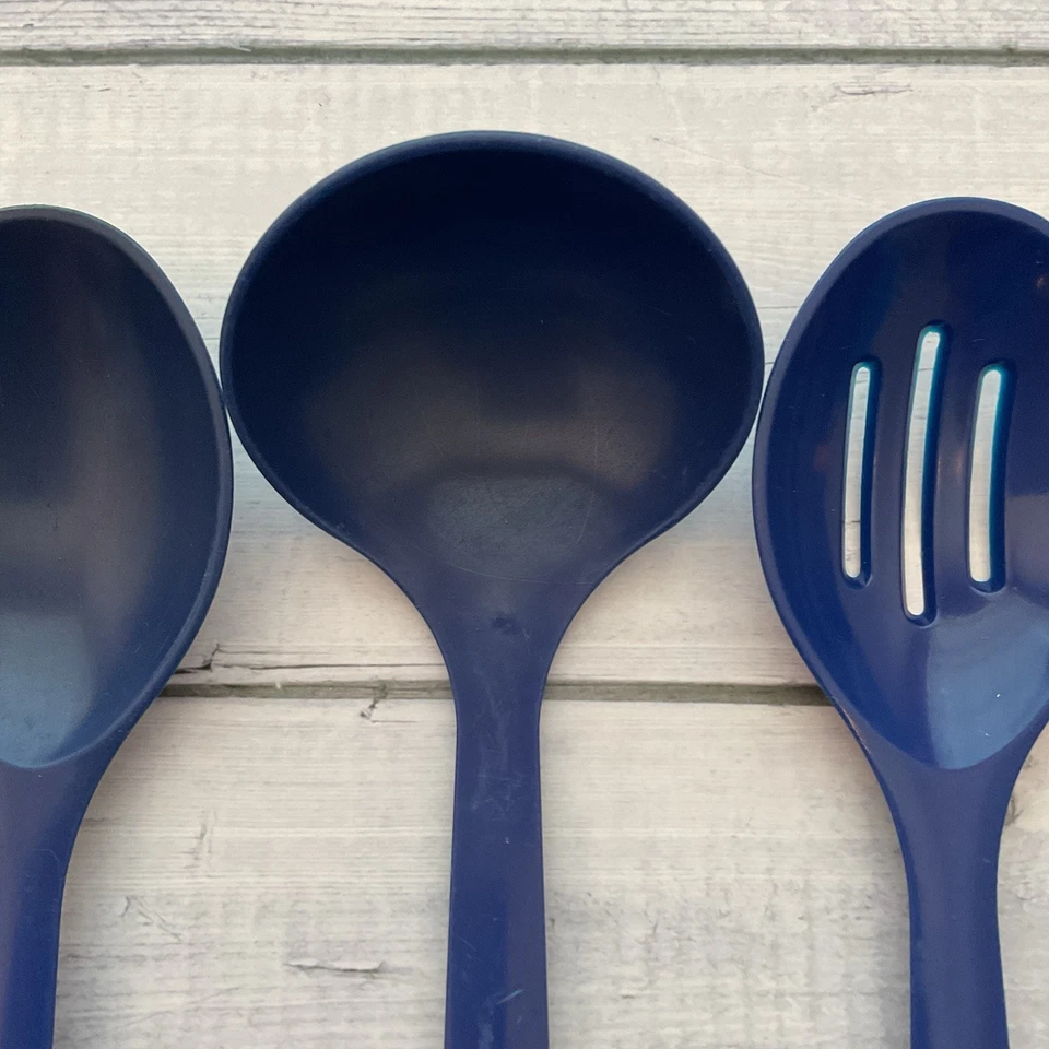 Tupperware Set Of 3 Serving Spoons Solid Ladle Slotted Blue Vintage Utensils - Image 4 of 4