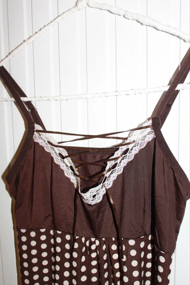 Title: Y2K Brown Polka Dot Cami Top | Lace Trim Ribbon Tank Cottagecore Retro S - Image 3 of 4