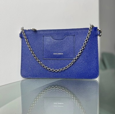 Dolce & Gabbana Mini Bag Chain Clutch Pouch Wristlet Blue Leather