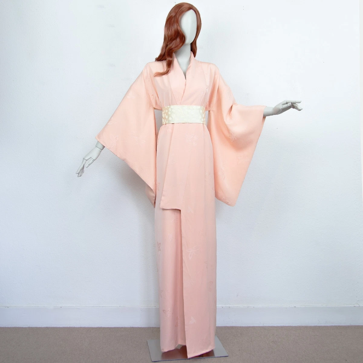 Vintage 60s Pastel Pink Silk Maxi Kimono Printed Size M UK 12 14